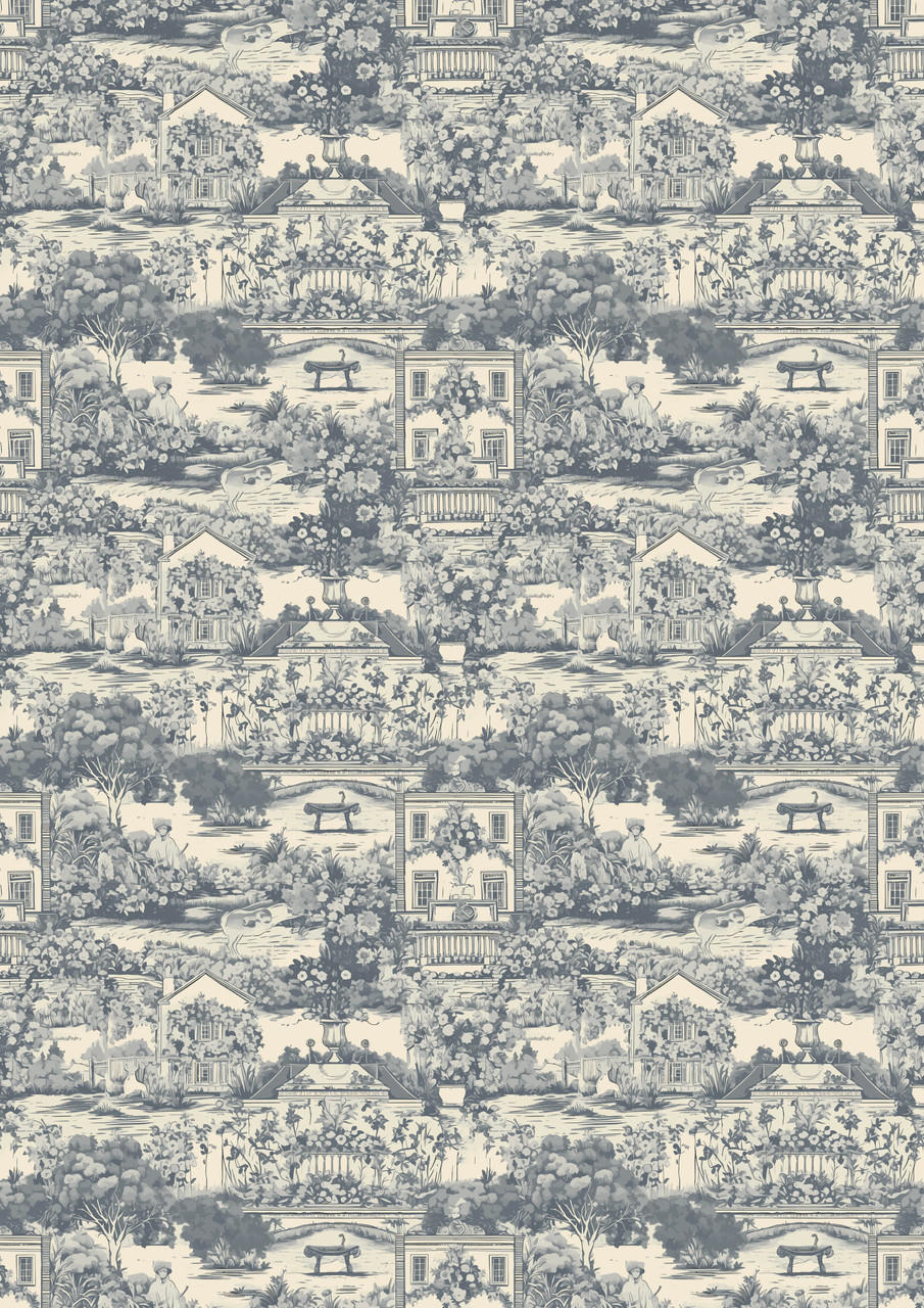 A seamless vintage wallpaper pattern featuring bucolic scenes with houses, trees, a bridge, and a river, styled in shades of blue and white.