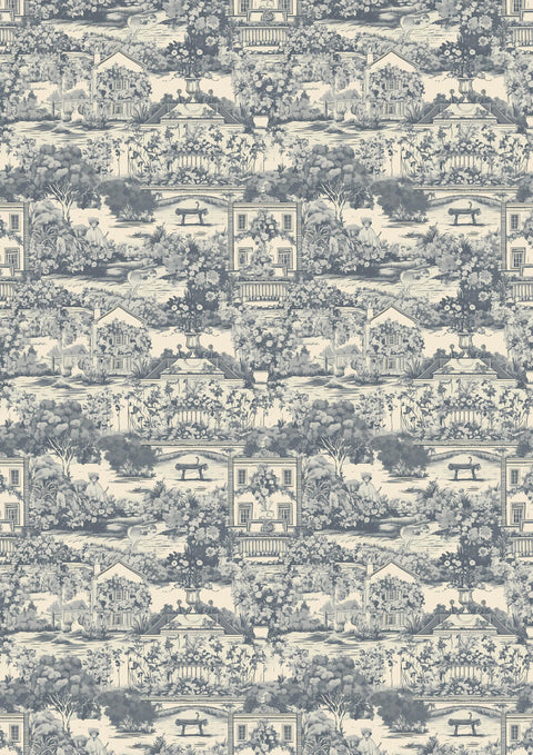 A seamless vintage wallpaper pattern featuring bucolic scenes with houses, trees, a bridge, and a river, styled in shades of blue and white.