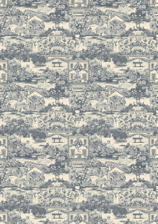 A seamless vintage wallpaper pattern featuring bucolic scenes with houses, trees, a bridge, and a river, styled in shades of blue and white.