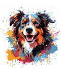 Image of Mollie the Collie Rice Decoupage Paper. Beautifully detailed collie dog surrounded by artistic splashes of red, yellow, and blue paint colors.