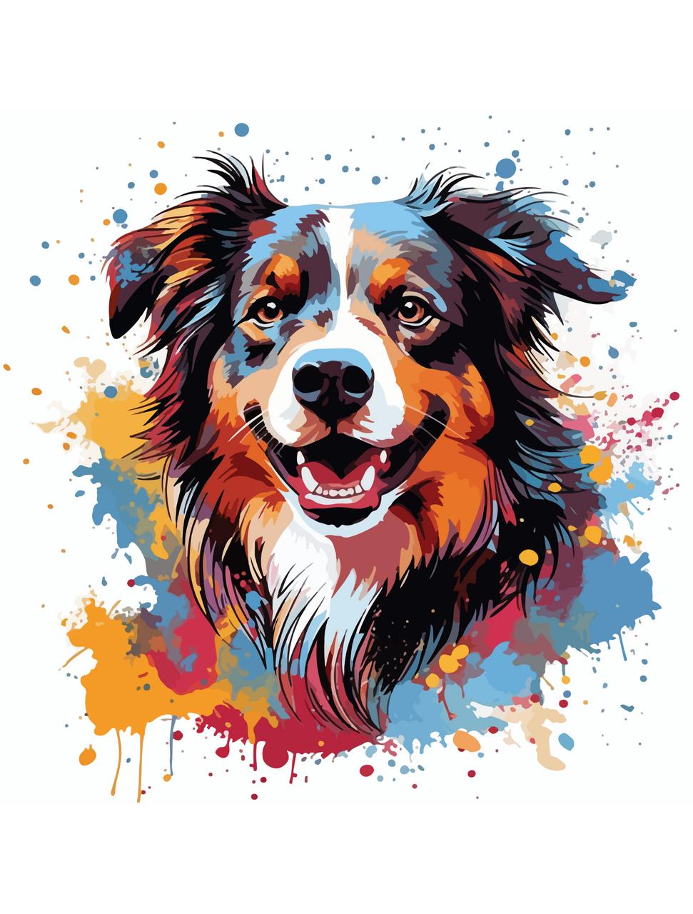 Image of Mollie the Collie Rice Decoupage Paper. Beautifully detailed collie dog surrounded by artistic splashes of red, yellow, and blue paint colors.