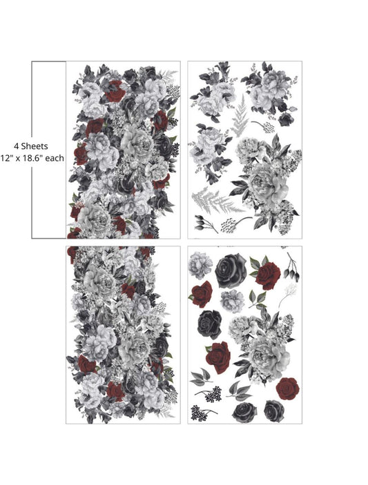 A collection of floral designs featuring red and blue flowers, primarily roses and peonies, in various compositions against a white background. Some designs are in grayscale. "4 Sheets- 12 in. x 18.6 in. each"