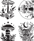 Image of Moonlit Mushrooms Stencil. Four separate mushroom designs with greenery, stars, and moons.