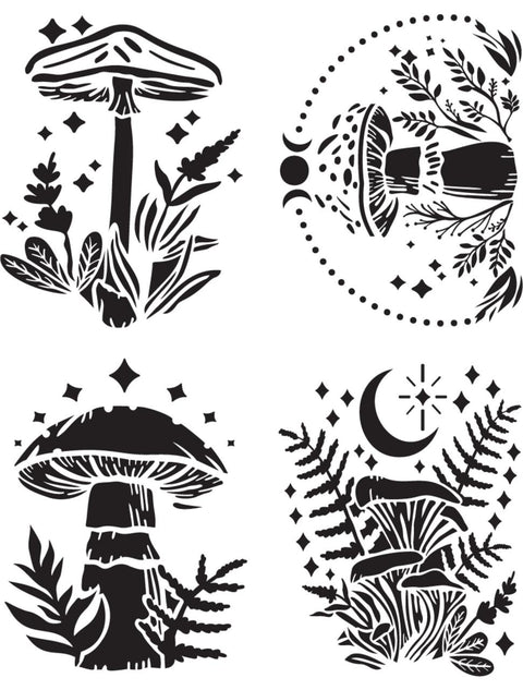 Image of Moonlit Mushrooms Stencil. Four separate mushroom designs with greenery, stars, and moons.