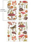 Image of Mr. Toad's Happy Place Transfer. Mushrooms, grass, leaves, snails, and butterflies. With a frog sitting on top of two of the mushrooms. Cottagecore type design. "4 Sheets - 6 in. x 12 in. each"