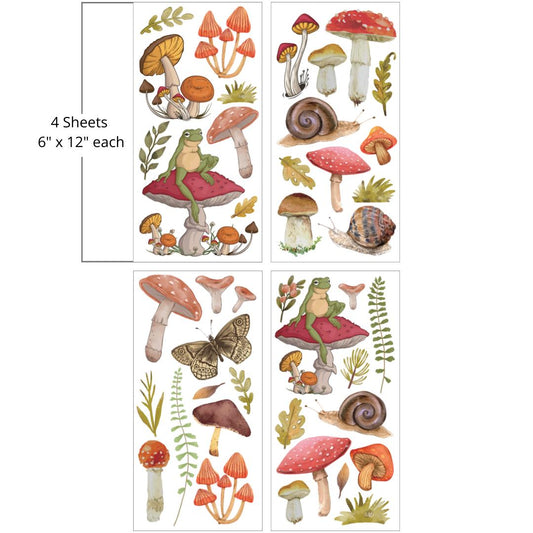 Image of Mr. Toad's Happy Place Transfer. Mushrooms, grass, leaves, snails, and butterflies. With a frog sitting on top of two of the mushrooms. Cottagecore type design. "4 Sheets - 6 in. x 12 in. each"