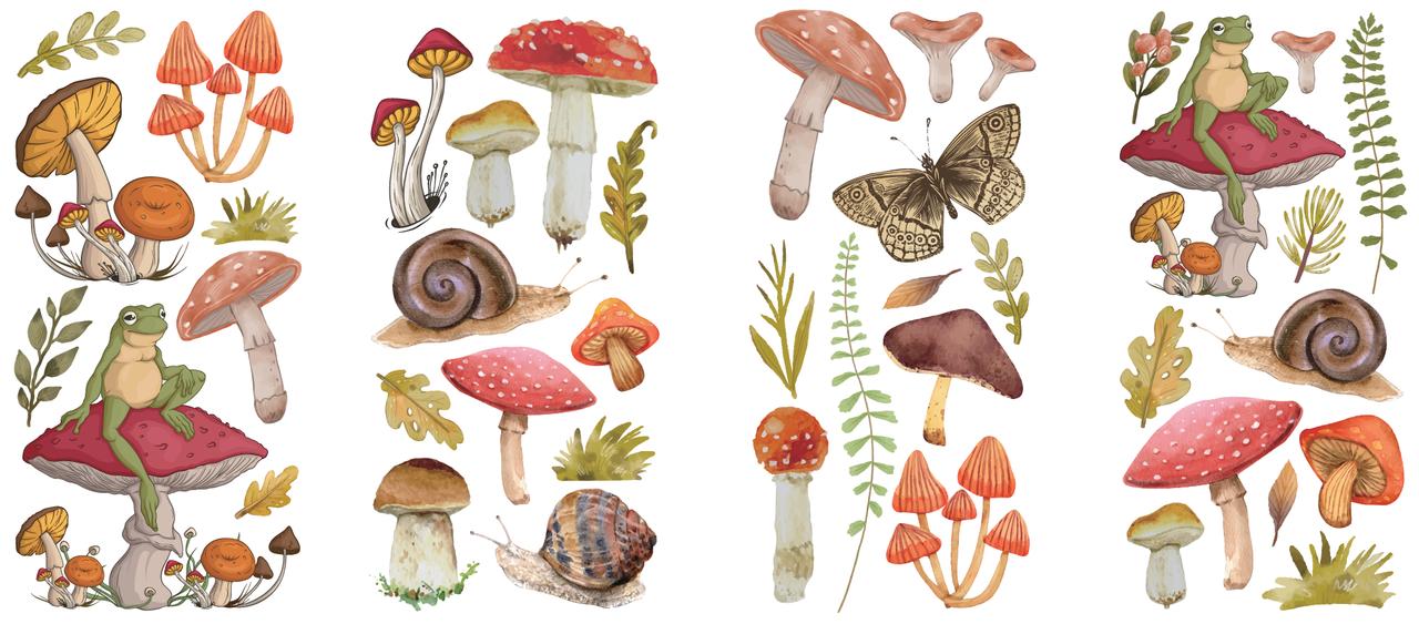 Image of Mr. Toad's Happy Place Transfer. Mushrooms, grass, leaves, snails, and butterflies. With a frog sitting on top of two of the mushrooms. Cottagecore type design.