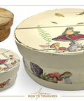 Cream painted wooden circular storage box. Mr. Toad's Transfer has been applied on the side of the box and on the lid.