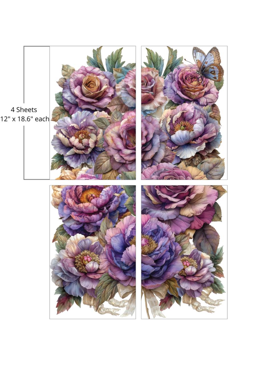 A 4-sheet set of floral artwork measuring 12" x 18.6" each, featuring vibrant, detailed flowers in shades of purple, lavender, and pink. Butterflies are delicately perched among the blossoms. The sheets are arranged to create a cohesive, lush floral display.