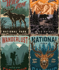 Image of National Parks A3 Rice Decoupage Paper. A vintage-style quadriptych featuring four posters, each with a distinct graphic of wildlife and outdoor scenes, and phrases like "Wild Zone, National Park" "Adventure Awaits, Wild Nature" "Wanderlust, Never Stop Exploring," and "National Park Camping, Wild Zone Estd. 1987."
