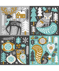 A set of four winter-themed square illustrations, each featuring stylized animals such as a reindeer, a fox, an owl, and a squirrel, and nature motifs in a muted color palette, with elements like snowflakes, trees, ornaments, holly, and Scandinavian patterns.