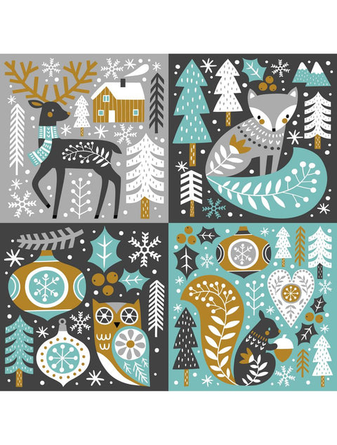 A set of four winter-themed square illustrations, each featuring stylized animals such as a reindeer, a fox, an owl, and a squirrel, and nature motifs in a muted color palette, with elements like snowflakes, trees, ornaments, holly, and Scandinavian patterns.