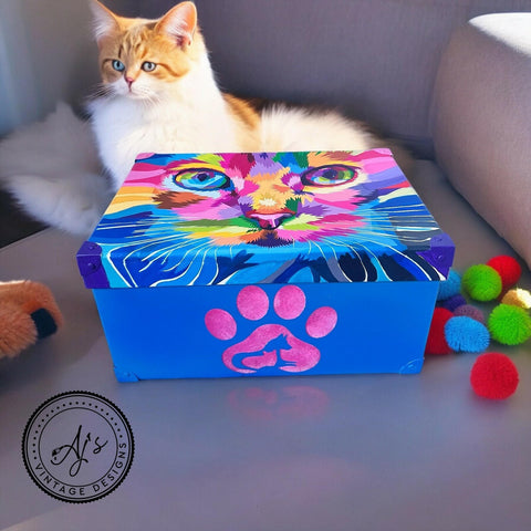 A fluffy, orange and white cat lounges on a gray surface in front of a brightly colored, painted box. The box has a vibrant cat face on the lid and a pink paw print with a dog and cat silhouette inside on the front. Several colorful pom-pom toys are scattered next to it.