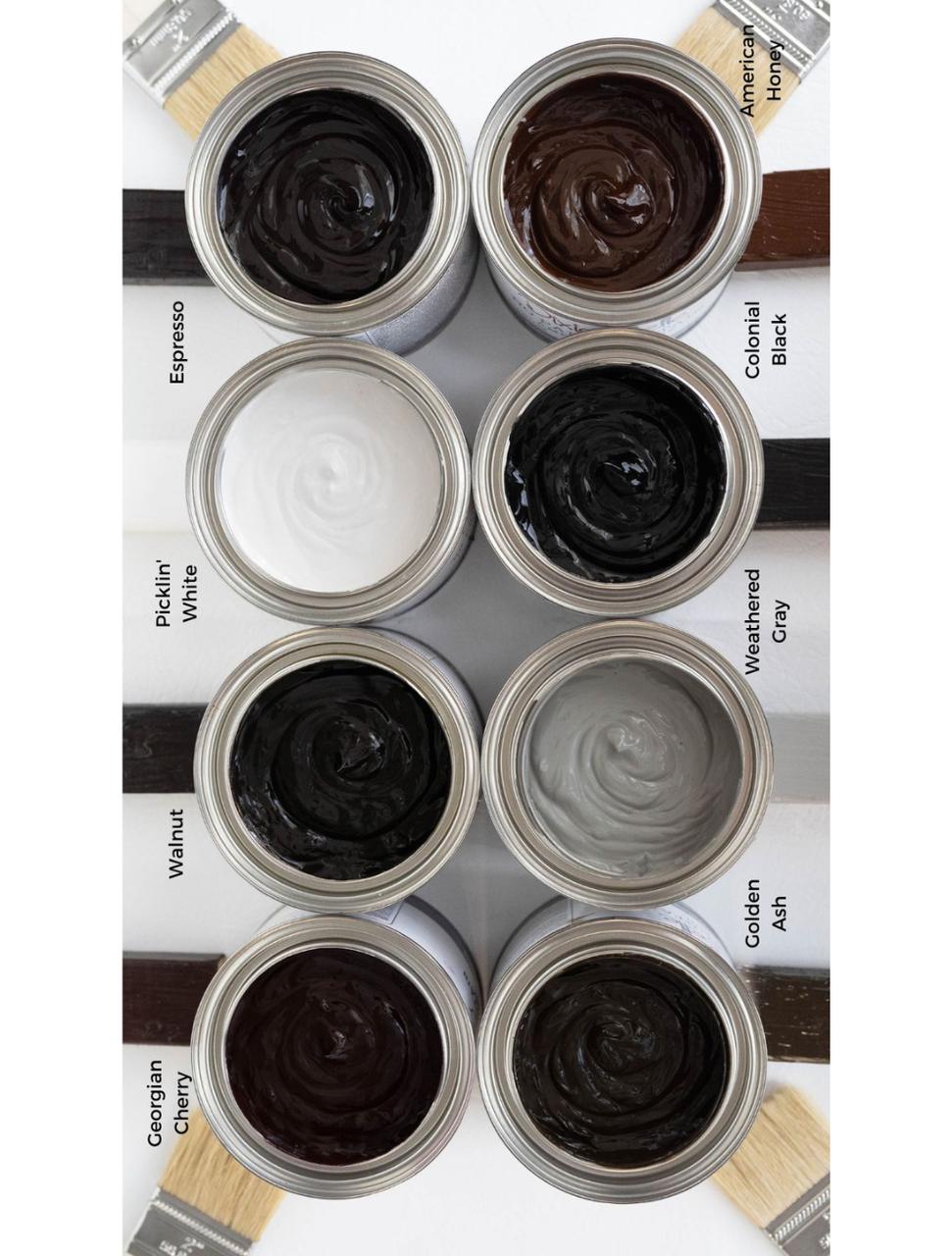 Dixie Belle Paint No Pain Gel Stain (Oil-Based) is available in eight wood enhancing colors! Top view of all 8 gel stains with swatches and paint brushes around them.
Left row: Georgian Cherry, Walnut, Picklin' White, Espresso
Right row: Golden Ash, Weathered Gray, Colonial Black, American Honey