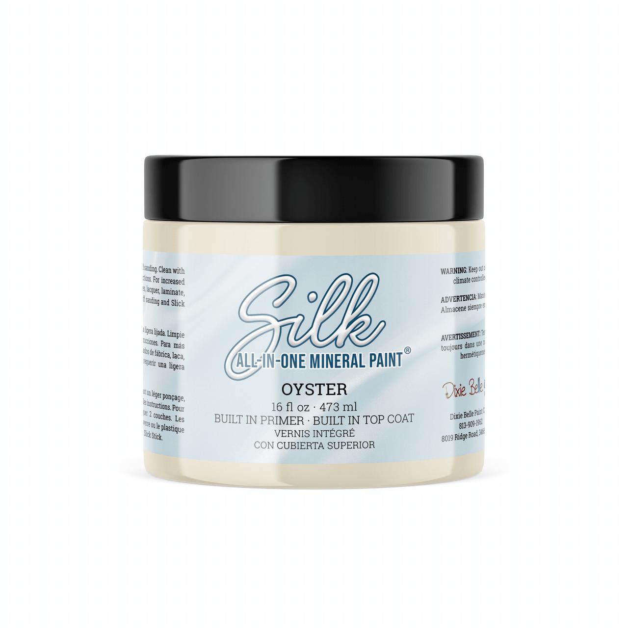 Oyster Silk All-In-One paint is perfect for painting kitchen cabinets, bathroom cabinets and painting furniture. 16 oz. can of Oyster  Silk All-In-One paint white.