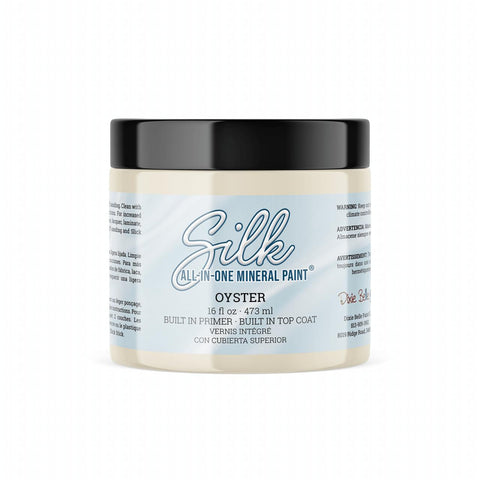 Oyster Silk All-In-One paint is perfect for painting kitchen cabinets, bathroom cabinets and painting furniture. 16 oz. can of Oyster  Silk All-In-One paint white.