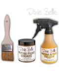Image of a 2 inch Chip Brush, 8 oz. Bronze Patina Paint, and an 8 oz. Yellow Patina Spray. Dixie Belle logo in the top right corner.
