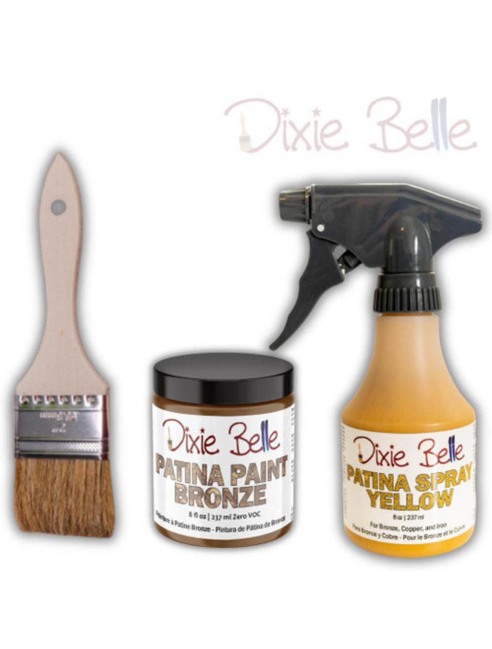 Image of a 2 inch Chip Brush, 8 oz. Bronze Patina Paint, and an 8 oz. Yellow Patina Spray. Dixie Belle logo in the top right corner.