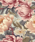A vintage floral wallpaper pattern featuring large, detailed pink and white flowers with lush green foliage on a light background.