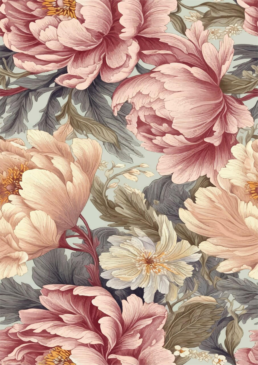 A vintage floral wallpaper pattern featuring large, detailed pink and white flowers with lush green foliage on a light background.