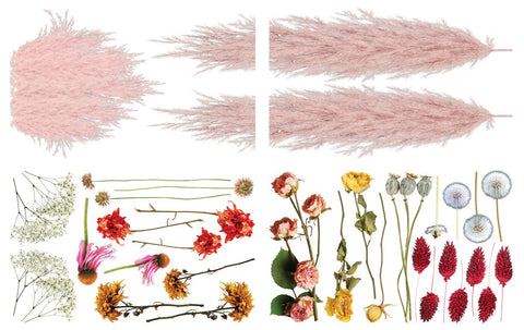 Image of Pink Pampas and Dried Wilds Transfer. A collection of pink, orange, yellow and red wildflowers and pink pampas.