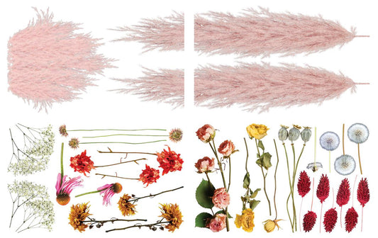 Image of Pink Pampas and Dried Wilds Transfer. A collection of pink, orange, yellow and red wildflowers and pink pampas.