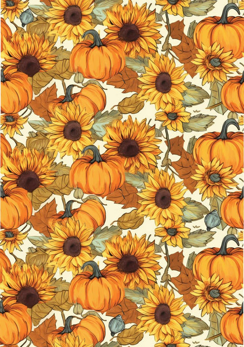 Three panels of fall-themed patterns: the third displays sunflowers and pumpkins on an orange background.