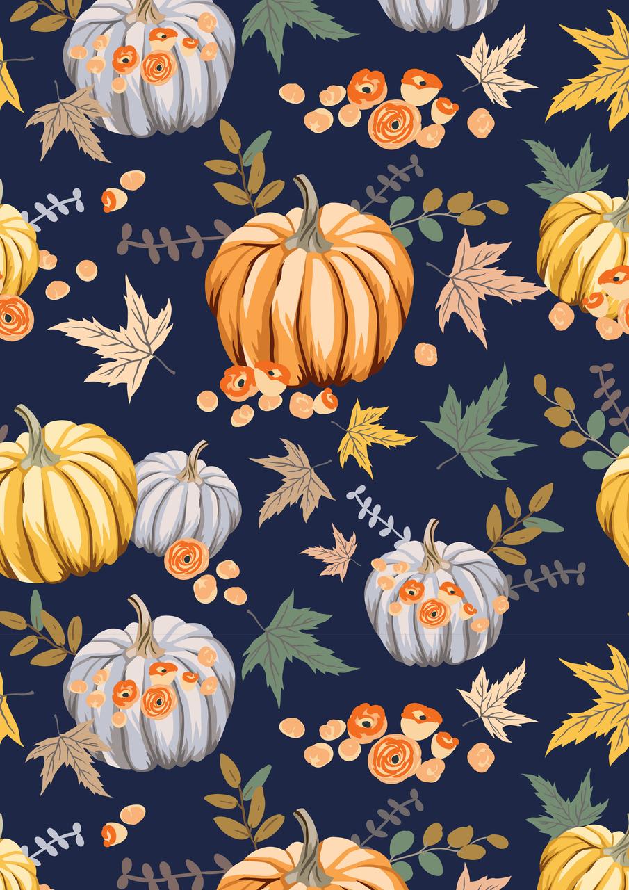 Three panels of fall-themed patterns: the first features pumpkins and flowers on a dark blue background.