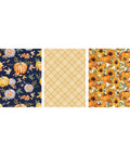 Three panels of fall-themed patterns: the first features pumpkins and flowers on a dark blue background, the second has a beige and yellow plaid design, and the third displays sunflowers and pumpkins on an orange background.