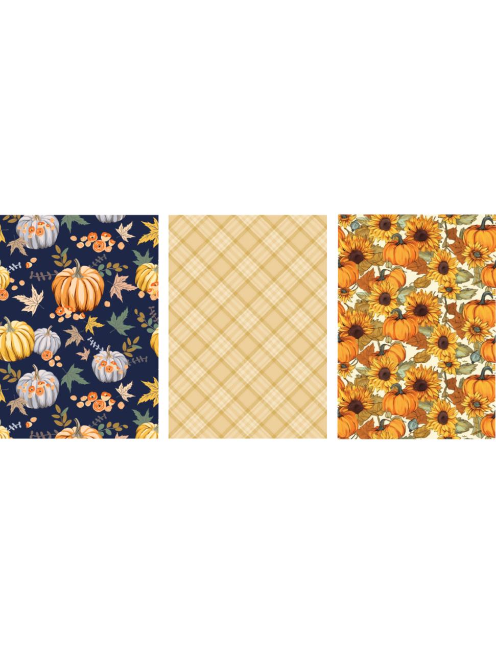 Three panels of fall-themed patterns: the first features pumpkins and flowers on a dark blue background, the second has a beige and yellow plaid design, and the third displays sunflowers and pumpkins on an orange background.