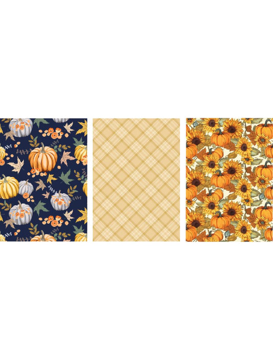 Three panels of fall-themed patterns: the first features pumpkins and flowers on a dark blue background, the second has a beige and yellow plaid design, and the third displays sunflowers and pumpkins on an orange background.
