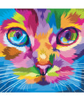 Image of Rainbow Kitty Rice Decoupage Paper. Abstract rainbow cat face with white whiskers. Made up of many colors such as yellow, orange, pink, purple, blue, green, and tan.