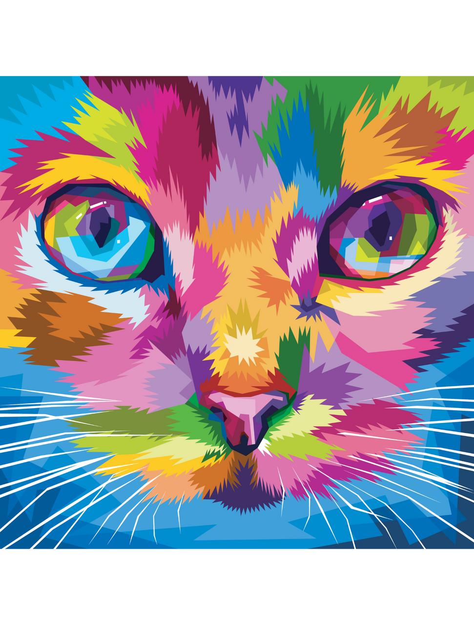 Image of Rainbow Kitty Rice Decoupage Paper. Abstract rainbow cat face with white whiskers. Made up of many colors such as yellow, orange, pink, purple, blue, green, and tan.