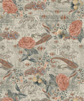 Vintage-style floral pattern featuring large pink roses, beige flowers, and green leaves against a detailed paisley background. The paisley designs and floral elements are intricately woven in an earthy color palette.