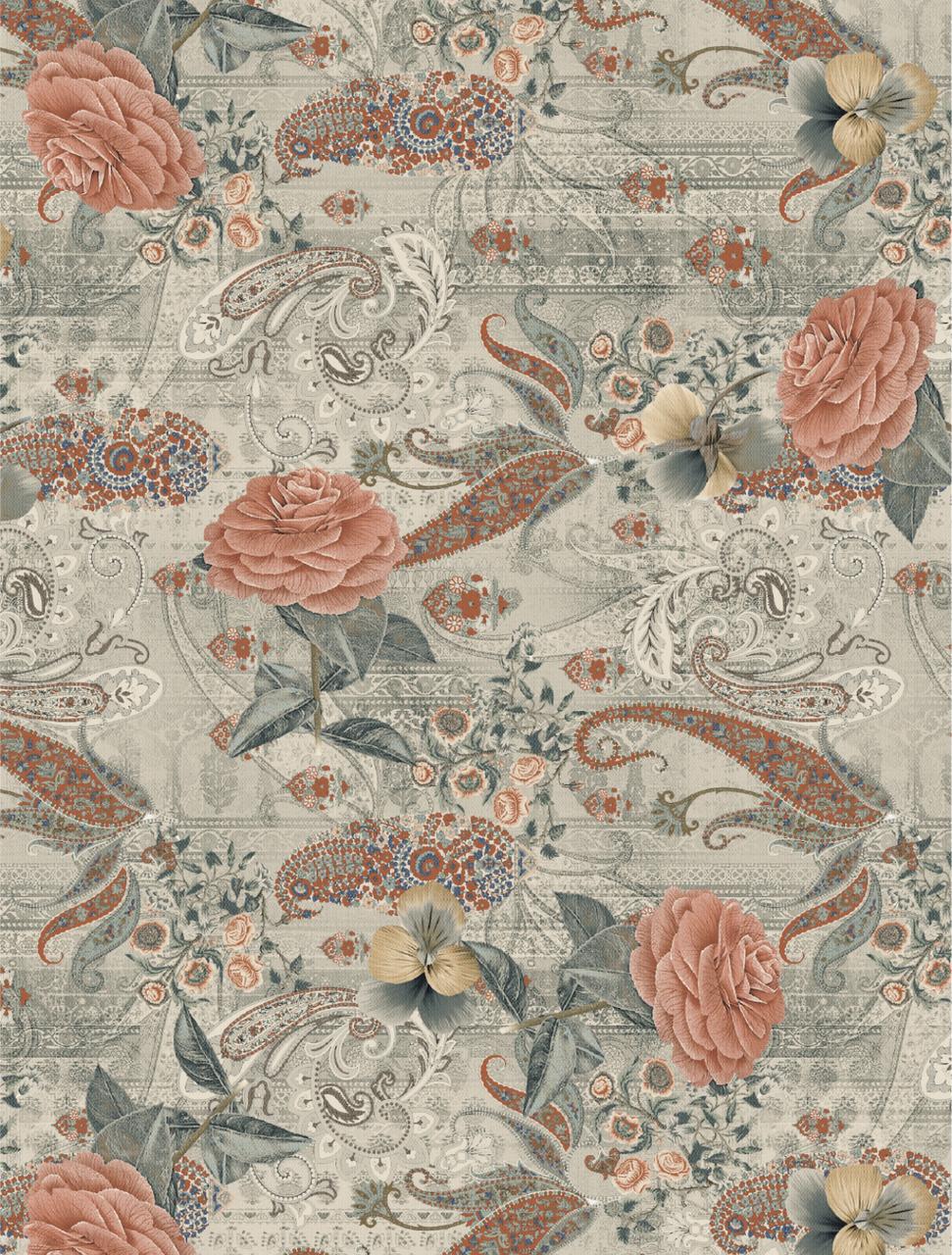 Vintage-style floral pattern featuring large pink roses, beige flowers, and green leaves against a detailed paisley background. The paisley designs and floral elements are intricately woven in an earthy color palette.