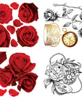 Image of Roses are Red Transfer. Large red roses, roses on stems with thorns, gold crown, gold stopwatch, rose wrapping around a stopwatch and 6 queen of hearts cards.