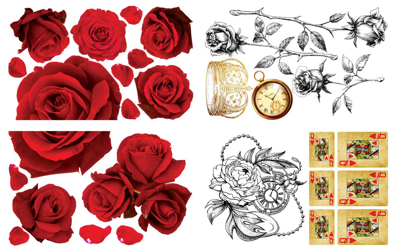 Image of Roses are Red Transfer. Large red roses, roses on stems with thorns, gold crown, gold stopwatch, rose wrapping around a stopwatch and 6 queen of hearts cards.