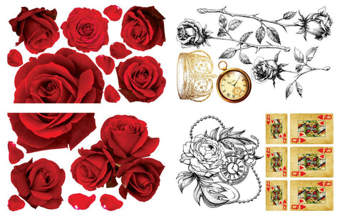 Image of Roses are Red Transfer. Large red roses, roses on stems with thorns, gold crown, gold stopwatch, rose wrapping around a stopwatch and 6 queen of hearts cards.