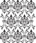 Belles and Whistles Royal Damask - Stencil provides an extra decorative touch to any project! An intricate black and white damask pattern, featuring symmetrical floral and foliage motifs arranged in a repetitive, ornate design. The pattern includes elegant curves and swirls, creating a classic, sophisticated look.