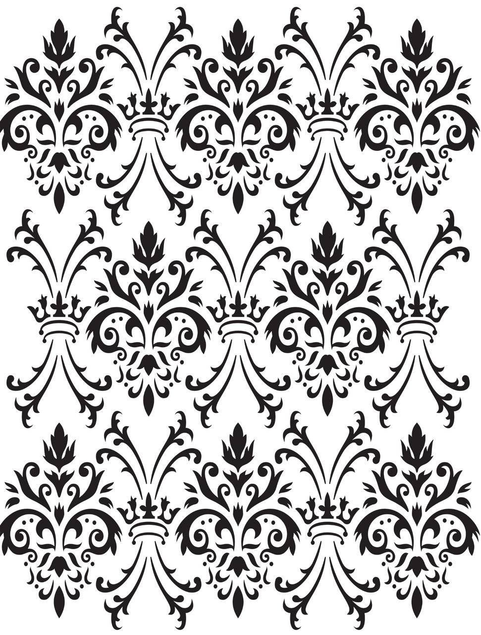 Belles and Whistles Royal Damask - Stencil provides an extra decorative touch to any project! An intricate black and white damask pattern, featuring symmetrical floral and foliage motifs arranged in a repetitive, ornate design. The pattern includes elegant curves and swirls, creating a classic, sophisticated look.
