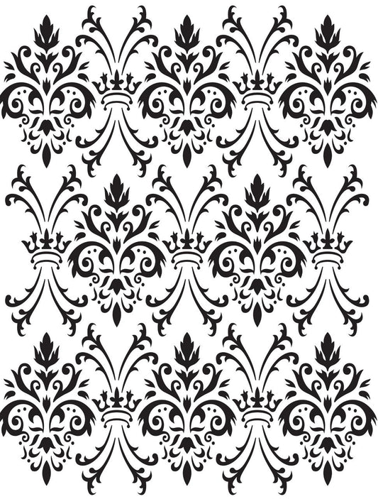 Belles and Whistles Royal Damask - Stencil provides an extra decorative touch to any project! An intricate black and white damask pattern, featuring symmetrical floral and foliage motifs arranged in a repetitive, ornate design. The pattern includes elegant curves and swirls, creating a classic, sophisticated look.