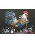 A detailed painting of a colorful rooster adorned with a garland of vibrant flowers around its neck. The rooster's feathers display shades of blue, white, and yellow. At the bottom, a variety of additional flowers, including roses, are arranged on a dark background.