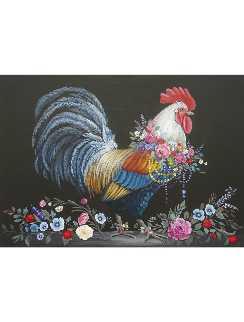 A detailed painting of a colorful rooster adorned with a garland of vibrant flowers around its neck. The rooster's feathers display shades of blue, white, and yellow. At the bottom, a variety of additional flowers, including roses, are arranged on a dark background.