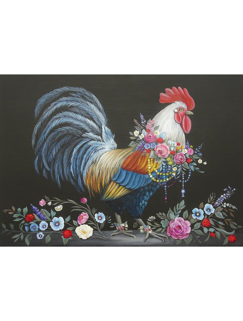 A detailed painting of a colorful rooster adorned with a garland of vibrant flowers around its neck. The rooster's feathers display shades of blue, white, and yellow. At the bottom, a variety of additional flowers, including roses, are arranged on a dark background.