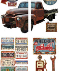 Image of Rusty Truck Transfer. 15 designs of old looking rusty signs and an image of a reddish orange rusty truck. 12 images of rusty license plates. There is a gas pump, large wrench, engine oil can, and truck stop sign.