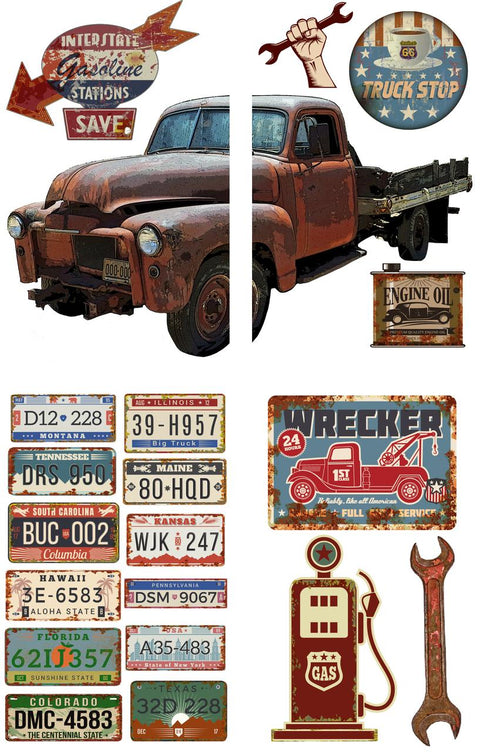 Image of Rusty Truck Transfer. 15 designs of old looking rusty signs and an image of a reddish orange rusty truck. 12 images of rusty license plates. There is a gas pump, large wrench, engine oil can, and truck stop sign.