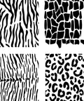 Belles and Whistles Safari - Stencil provides an extra decorative touch to any project! An image displaying all 4 of the different sheets that are included in the stencil. First one is the zebra print, then giraffe print, leopard print, and cheetah print is all shown.