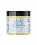 Sand Castle Silk All-In-One paint is perfect for painting kitchen cabinets, bathroom cabinets and painting furniture! A closeup image of the front label of the paint jar, sand castle.