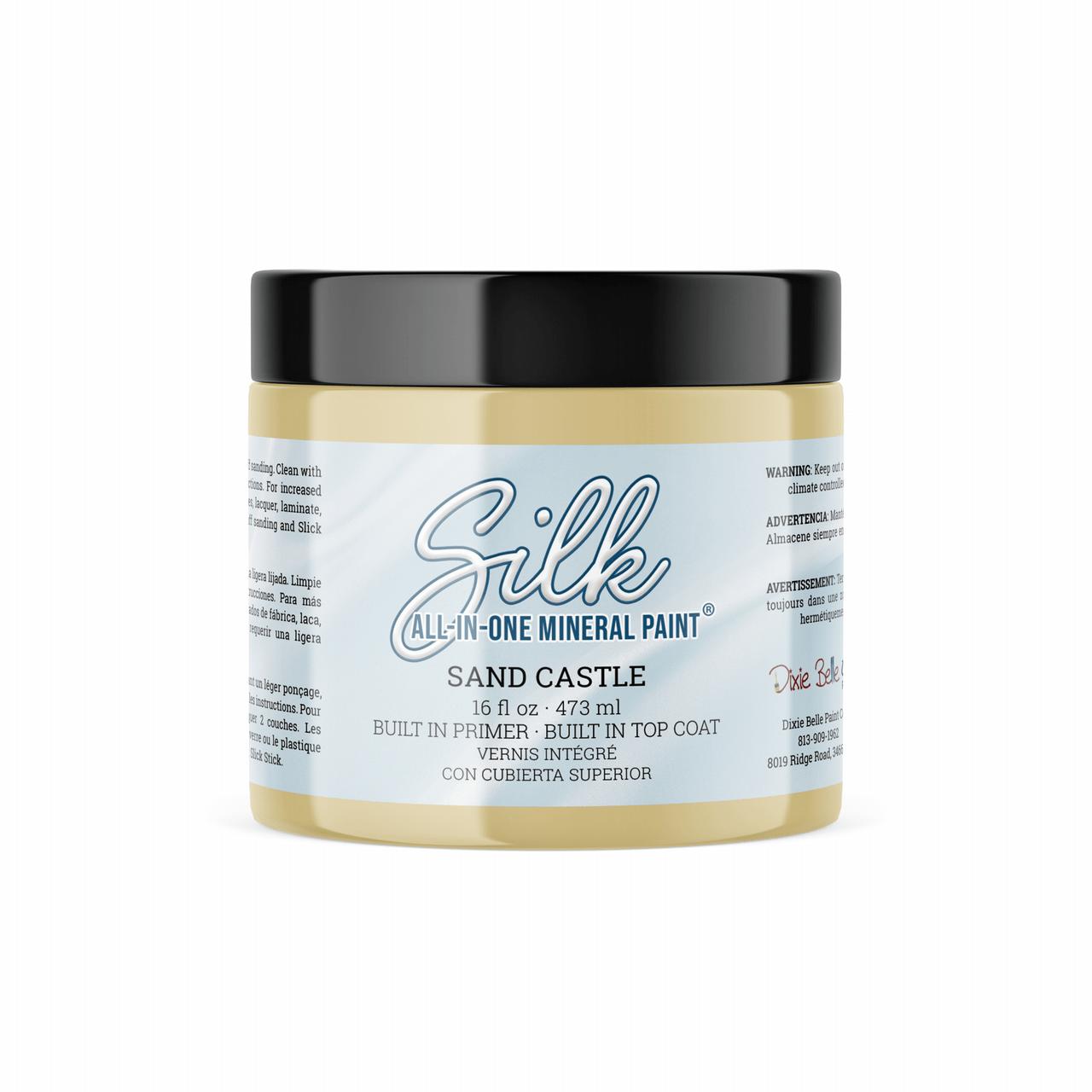 Sand Castle Silk All-In-One paint is perfect for painting kitchen cabinets, bathroom cabinets and painting furniture! A closeup image of the front label of the paint jar, sand castle.