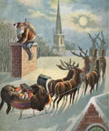 Image of Santa on the Rooftop decoupage paper. Snow covered rooftop of a brick house with a chimney. There is a sleigh with 8 reindeers pulling it. Santa is on top of the chimney with a sack of presents. You can see a church building and the moon off  in the distance.